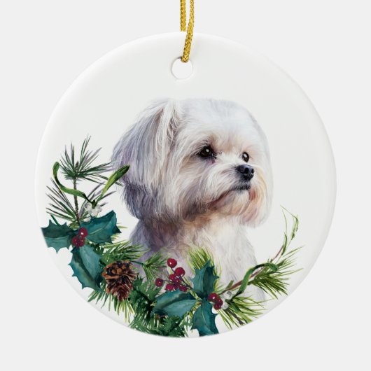 ホワイトマルチーズドッグポートレートホリーリース セラミックオーナメント (正面)