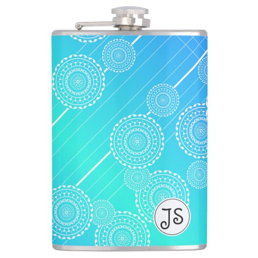 ホワイトマンダラスオンアクアブルーレインボーブレンドモノグラム フラスク (正面)
