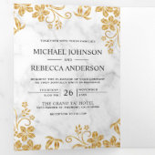 ホワイトマーブルおよびゴールドフォイル離れフローラズ 三つ折り招待状 (内部最初)