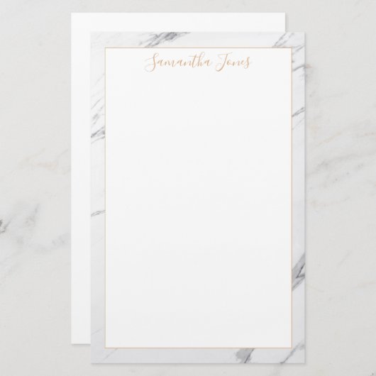 ホワイトマーブルおよび金ゴールドメタリック名前をカスタムする 便箋 (正面/裏面)