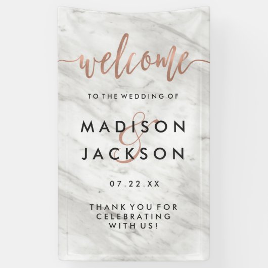 ホワイトマーブルとバラモダン金ゴールド結婚の歓迎 横断幕 (縦)