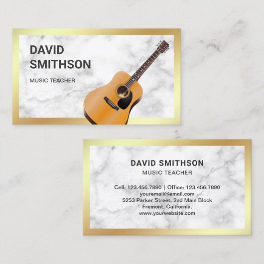 ホワイトマーブルクラシックギターミュージック先生ギタリスト 名刺 (正面/裏面)