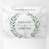 ホワイトマーブルグリーンオリーブリーフリース結婚の写真 三つ折り招待状 (内部最初)