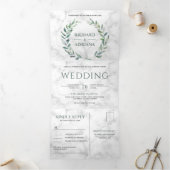 ホワイトマーブルグリーンオリーブリーフリース結婚の写真 三つ折り招待状 (内部)