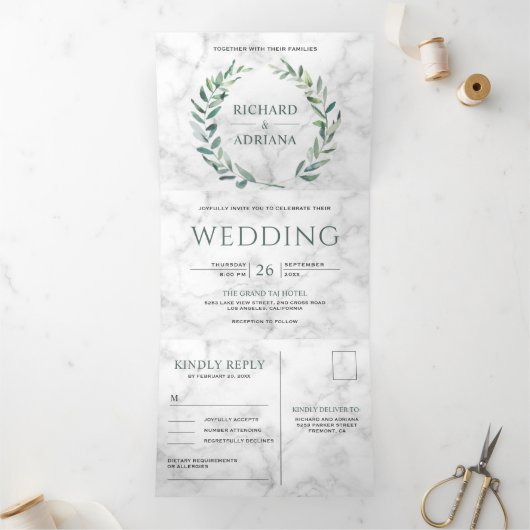 ホワイトマーブルグリーンオリーブリーフリース結婚の写真 三つ折り招待状 (内部)