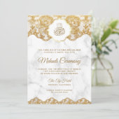 ホワイトマーブルゴールドフォイルレースイスラムMehndi 招待状 (スタンド正面)