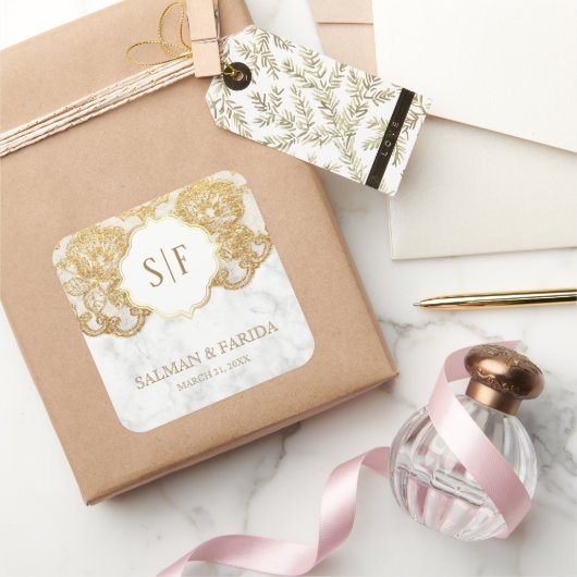 ホワイトマーブルゴールドフォイルレースモノグラム結婚式の引き出物 スクエアシール (ギフト)
