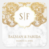 ホワイトマーブルゴールドフォイルレースモノグラム結婚式の引き出物 スクエアシール (正面)