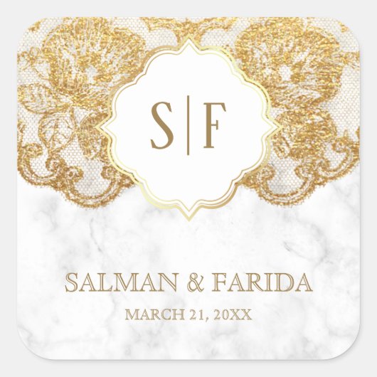 ホワイトマーブルゴールドフォイルレースモノグラム結婚式の引き出物 スクエアシール (正面)