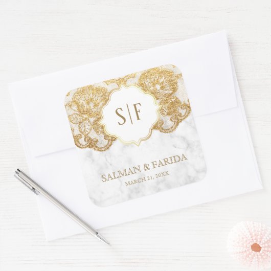 ホワイトマーブルゴールドフォイルレースモノグラム結婚式の引き出物 スクエアシール (封筒)