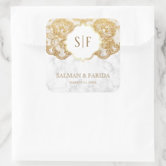 ホワイトマーブルゴールドフォイルレースモノグラム結婚式の引き出物 スクエアシール (バッグ)