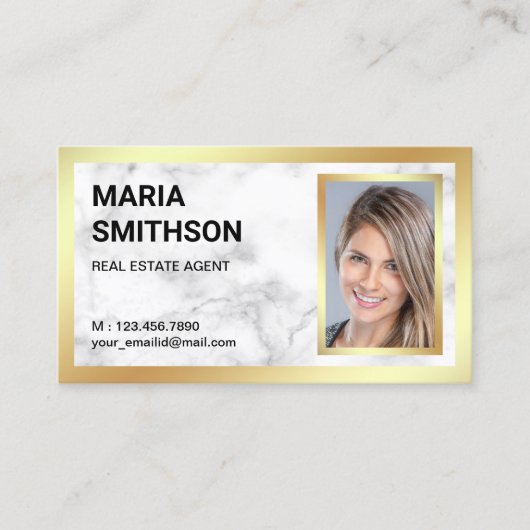 ホワイトマーブルゴールドフォイル実在エテート不動産仲介業者写真 名刺 (正面)