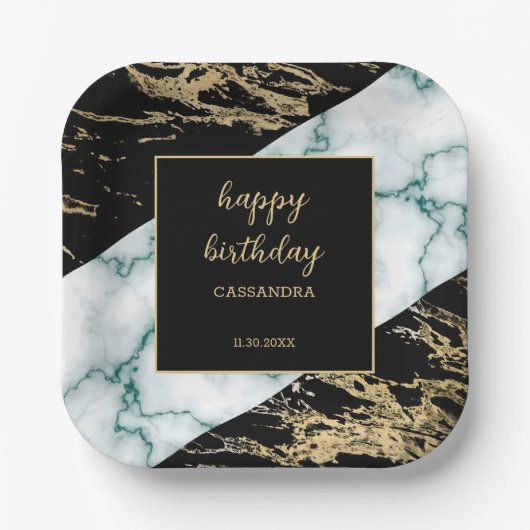 ホワイトマーブルゴールドフォイル絵を描テクスチャ誕生日 ペーパープレート (正面)