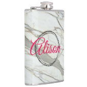 ホワイトマーブルシック明るい赤紫色デザイン名前をカスタムする フラスク (右)