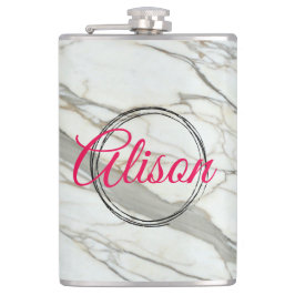 ホワイトマーブルシック明るい赤紫色デザイン名前をカスタムする フラスク