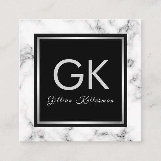 ホワイトマーブルシルバーモノグラム スクエア名刺 (正面)
