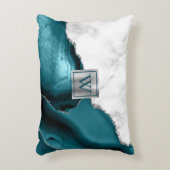 ホワイトマーブルティール(緑がかった色)アゲートシルバーグリッターモノグラム アクセントクッション (正面(垂直))