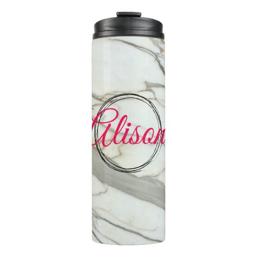 ホワイトマーブルトレンディー明るい赤紫色ピンク名前をカスタムする タンブラー (正面)