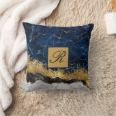 ホワイトマーブルネイビーブルー金ゴールドアゲートモノグラムスローP クッション (ブランケット)