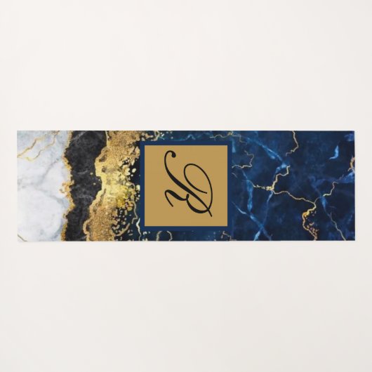 ホワイトマーブルネイビーブルー金ゴールドアゲートモノグラム ヨガマット (裏面(横))