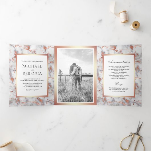 ホワイトマーブルバラゴールドフォイルフォト結婚ズ 三つ折り招待状 (内部)