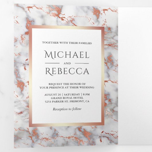 ホワイトマーブルバラゴールドフォイルフォト結婚ズ 三つ折り招待状 (内部最初)