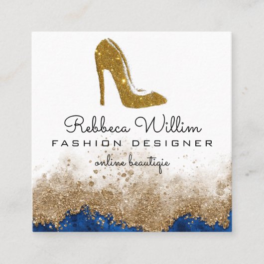 ホワイトマーブルバラ金ゴールドグリッターハイヒールB スクエア名刺 (正面)