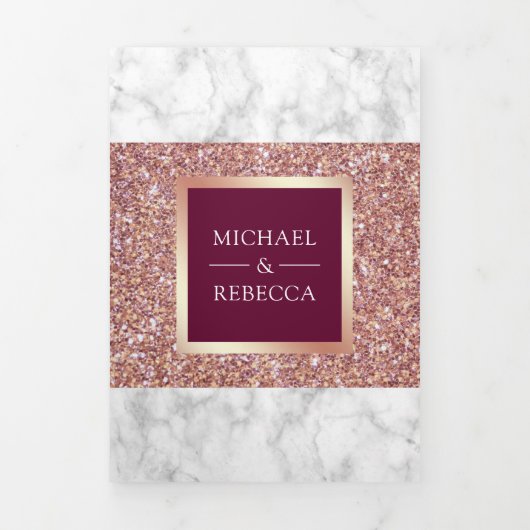 ホワイトマーブルバラ金ゴールドグリッターマゼンダ結婚ーズ 三つ折り招待状 (カバー)