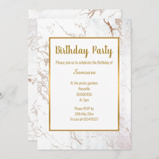 ホワイトマーブルバラ金ゴールド両面誕生日 招待状 (正面/裏面)