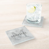 ホワイトマーブルパーソナライズされたモノグラムと名前 ガラスコースター (アングル)