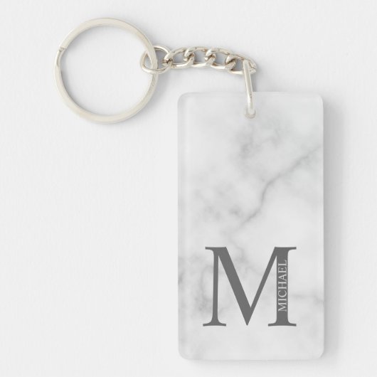 ホワイトマーブルパーソナライズされたモノグラムと名前 キーホルダー (正面)