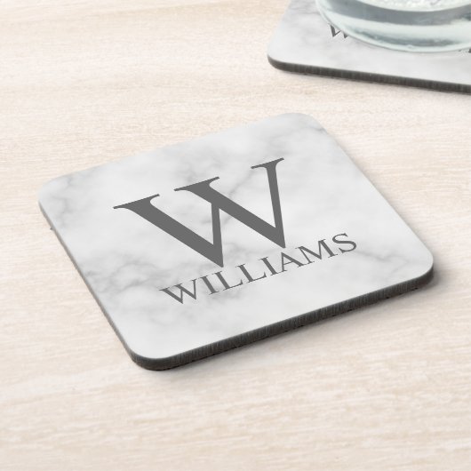 ホワイトマーブルパーソナライズされたモノグラムと名前 コースター (左側)