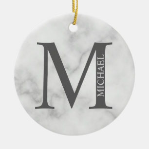 ホワイトマーブルパーソナライズされたモノグラムと名前 セラミックオーナメント