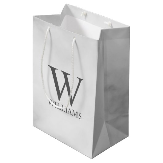 ホワイトマーブルパーソナライズされたモノグラムと名前 ミディアムペーパーバッグ (正面アングル)