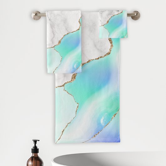 ホワイトマーブルパープルグリーンブルーアゲート金ゴールドグリッター バスタオルセット