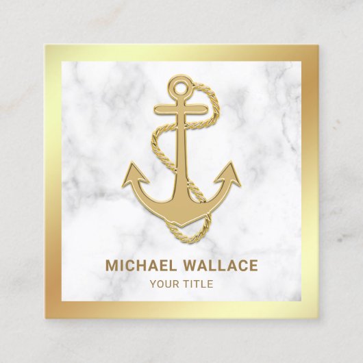 ホワイトマーブルフェイクゴールドフォイル航海のロープいかり スクエア名刺 (正面)
