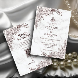 ホワイトマーブルフローラレースイスラムQRコード結婚ズ 招待状