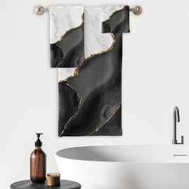 ホワイトマーブルブラックアゲート金ゴールドグリッター バスタオルセット