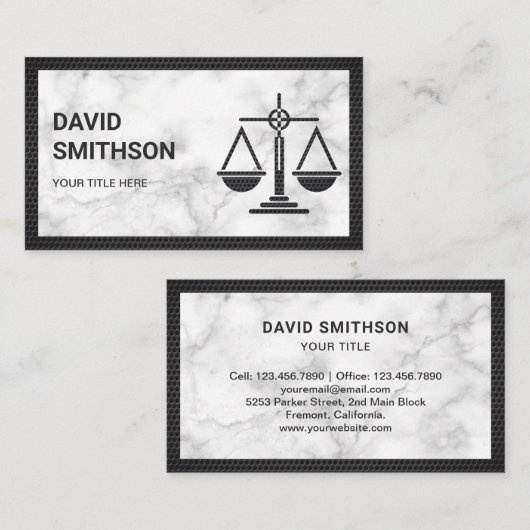 ホワイトマーブルブラックジャスティススケール弁護士弁護士 名刺 (正面/裏面)