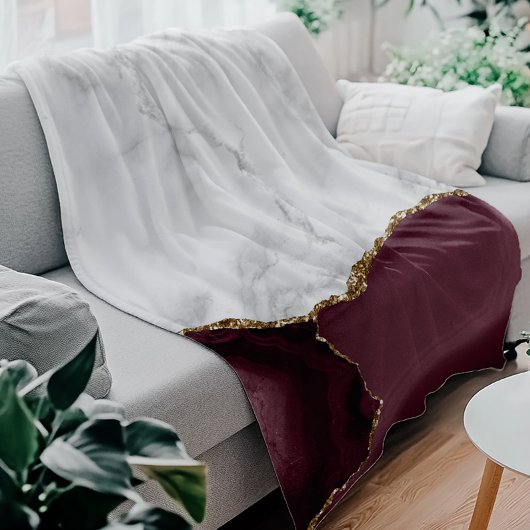 ホワイトマーブルブルガンディアゲート金ゴールドグリッター フリースブランケット
