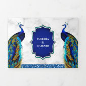 ホワイトマーブルブルーインディアン孔雀結婚羽 三つ折り招待状 (カバー)