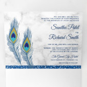 ホワイトマーブルブルーインディアン孔雀結婚羽 三つ折り招待状 (内部最初)