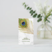 ホワイトマーブルモダングリーンインディアン孔雀フェザー 名刺 (スタンド正面)