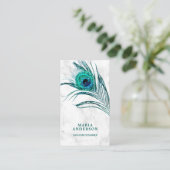 ホワイトマーブルモダンティール（緑がかった色）孔雀フェザー 名刺 (スタンド正面)