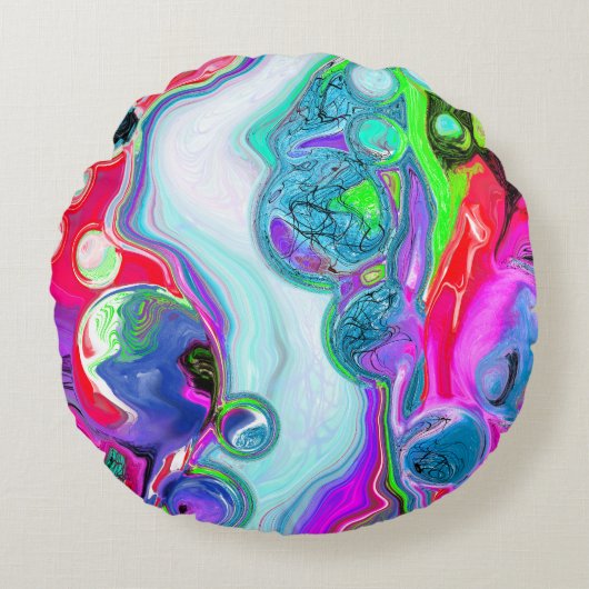 ホワイトマーブルリバーデジタル流体アート ラウンドクッション (正面)