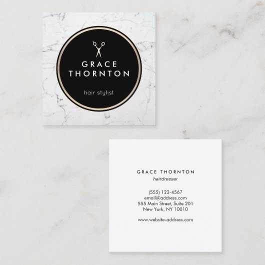 ホワイトマーブル美容師はさみ スクエア名刺 (正面/裏面)