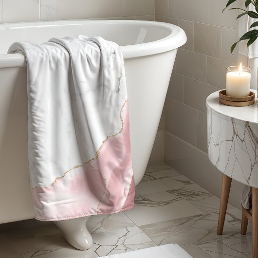 ホワイトマーブル赤面ピンクアゲート金ゴールドグリッター ハンドタオル