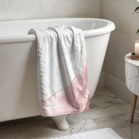 ホワイトマーブル赤面ピンクアゲート金ゴールドグリッター ハンドタオル