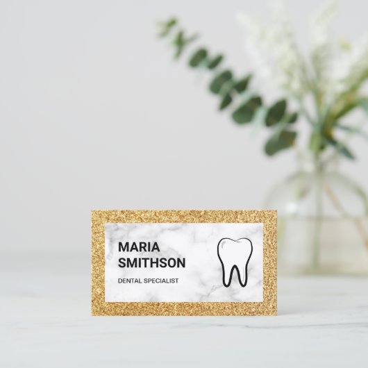 ホワイトマーブル金ゴールドグリッター歯科クリニック歯科医 名刺 (スタンド正面)