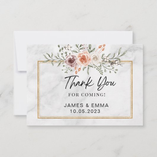 ホワイトマーブル金ゴールドラインフリーフローラ サンキューカード (正面)